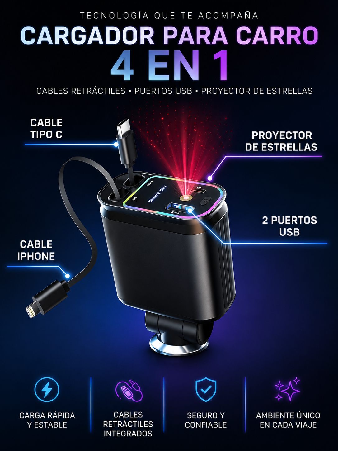 4 en 1: cable tipo C, cable iPhone, 2 puertos USB y proyector de estrellas