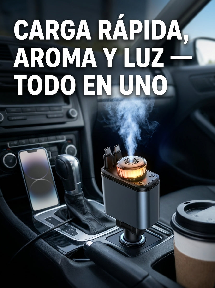 Detalle del cargador con difusor de aroma y anillo de luz encendidos