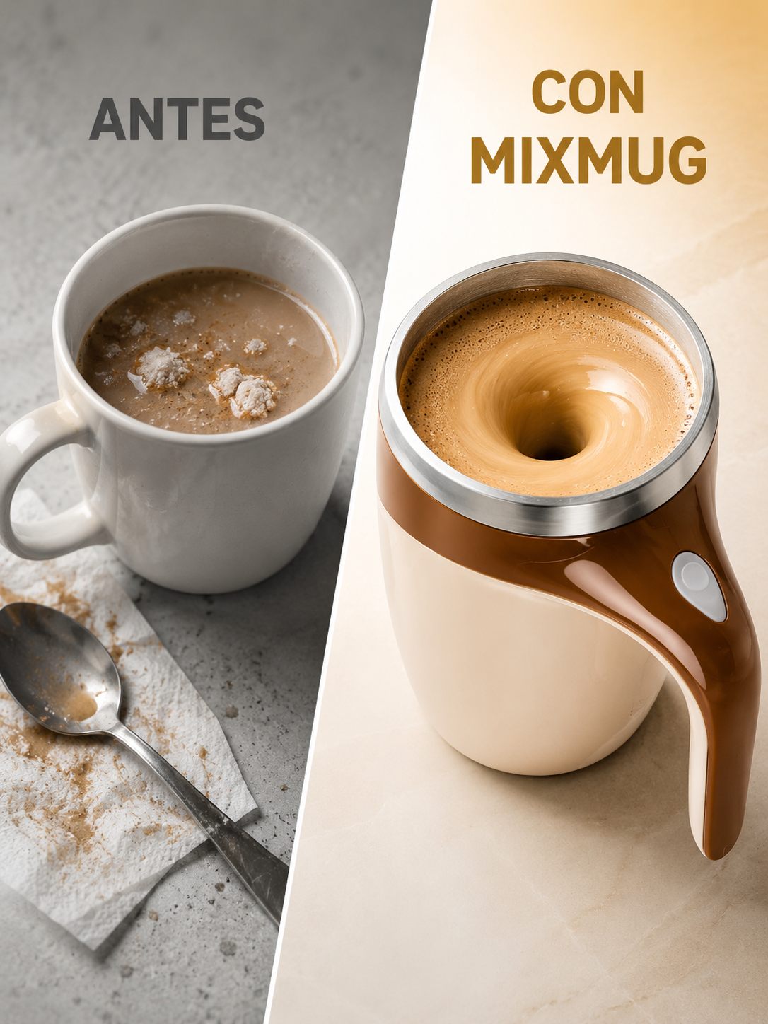 Antes y después — de grumos con cuchara a mezcla perfecta con MixMug
