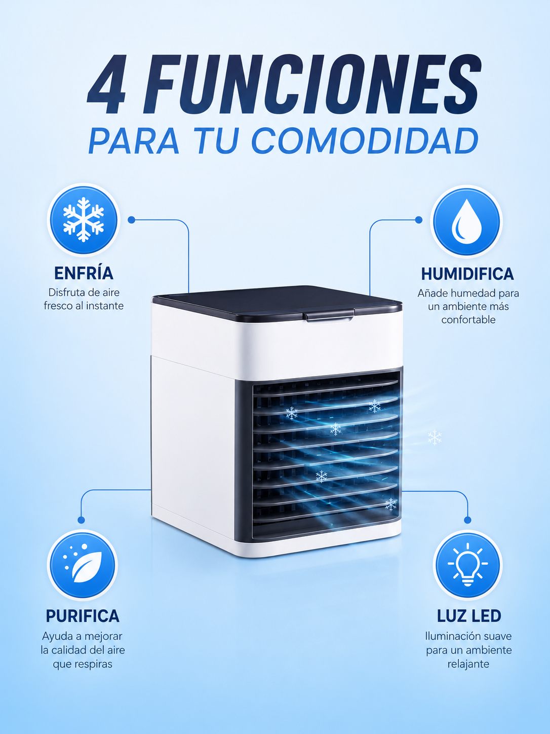 4 funciones para tu comodidad: enfría, humidifica, purifica y luz LED
