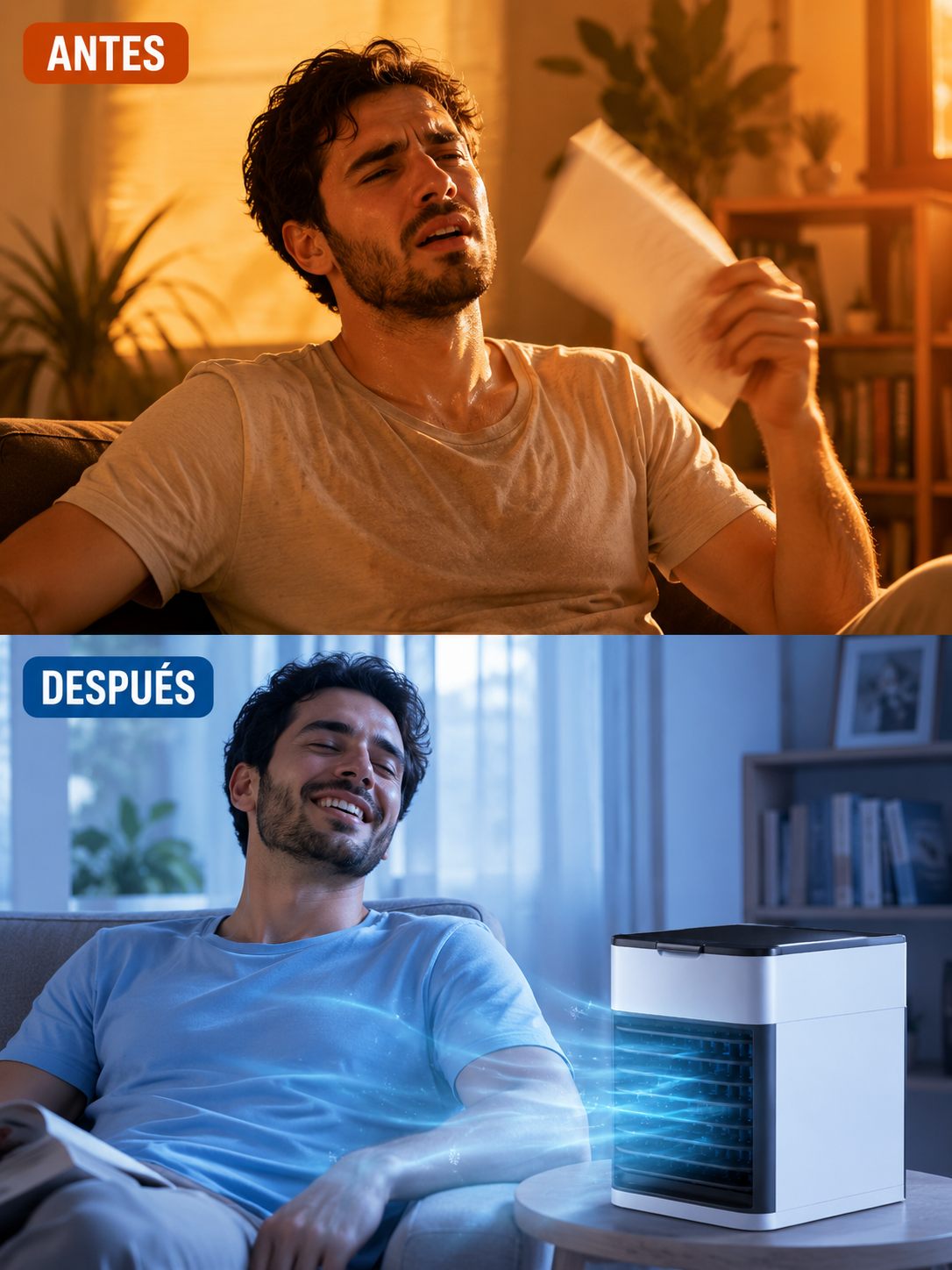 Antes y después — del calor agobiante a la brisa fresca en tu sofá