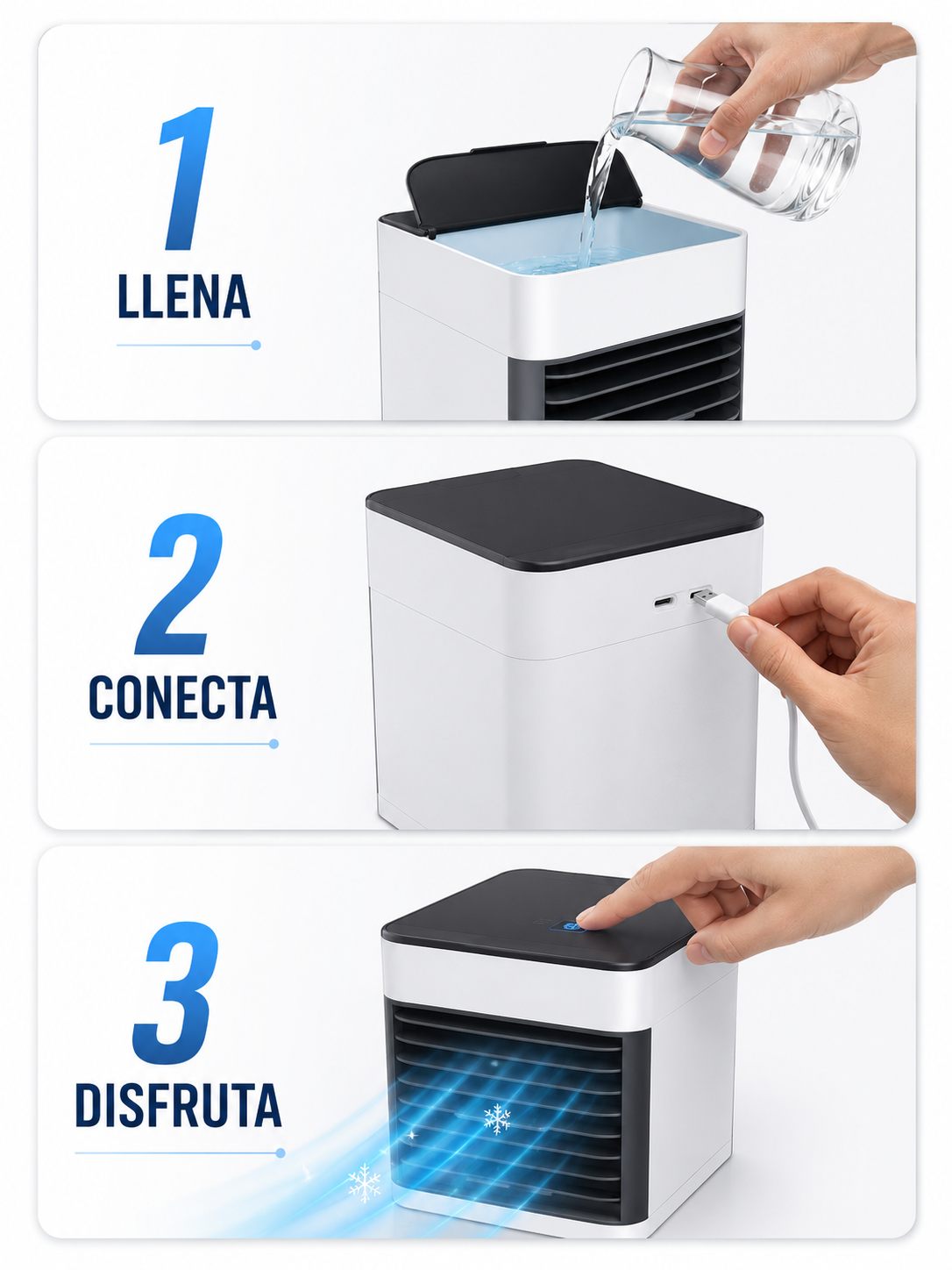 Así de fácil: llena el tanque, conecta el USB y disfruta la brisa