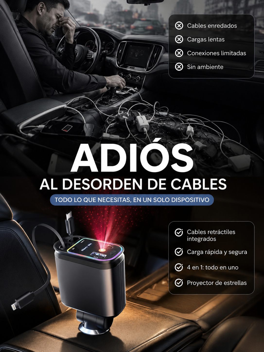 Adiós al desorden de cables en tu carro