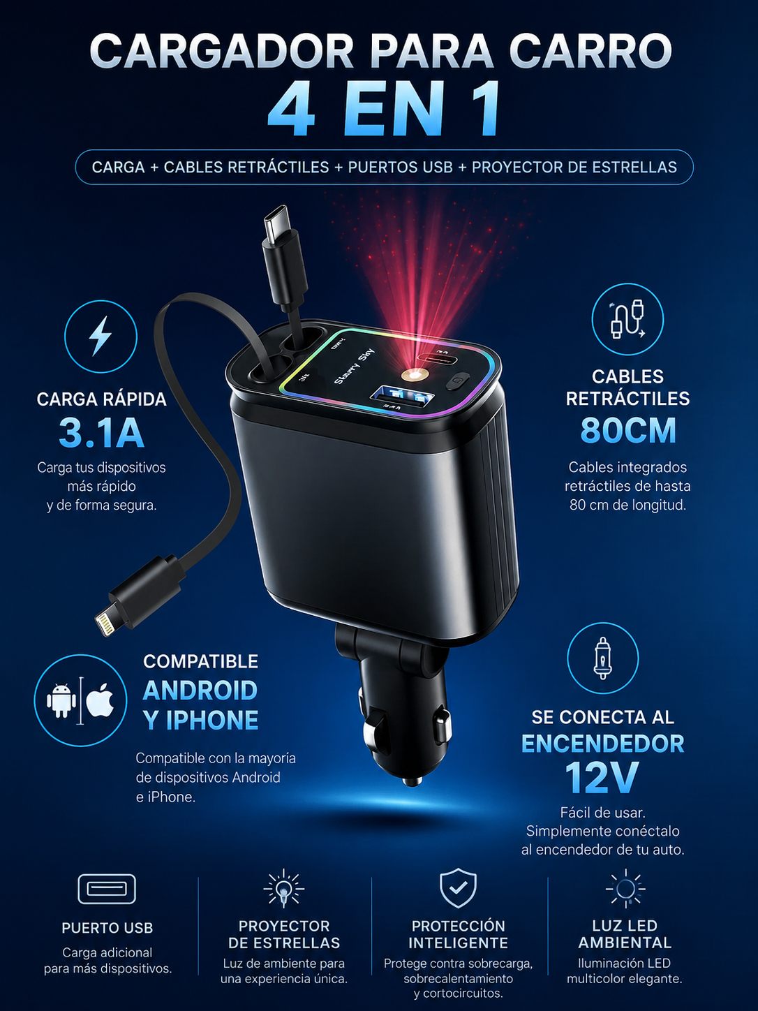Carga rápida 3.1A, cables retráctiles, compatible Android y iPhone