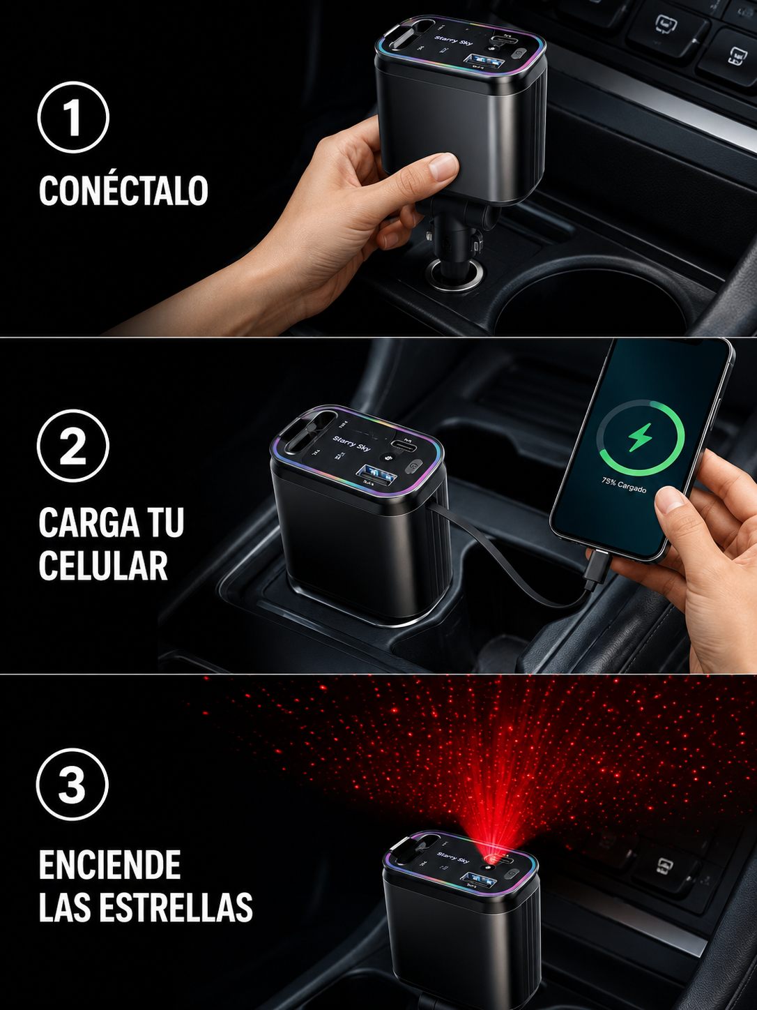 Así de fácil: conéctalo, carga tu celular y enciende las estrellas