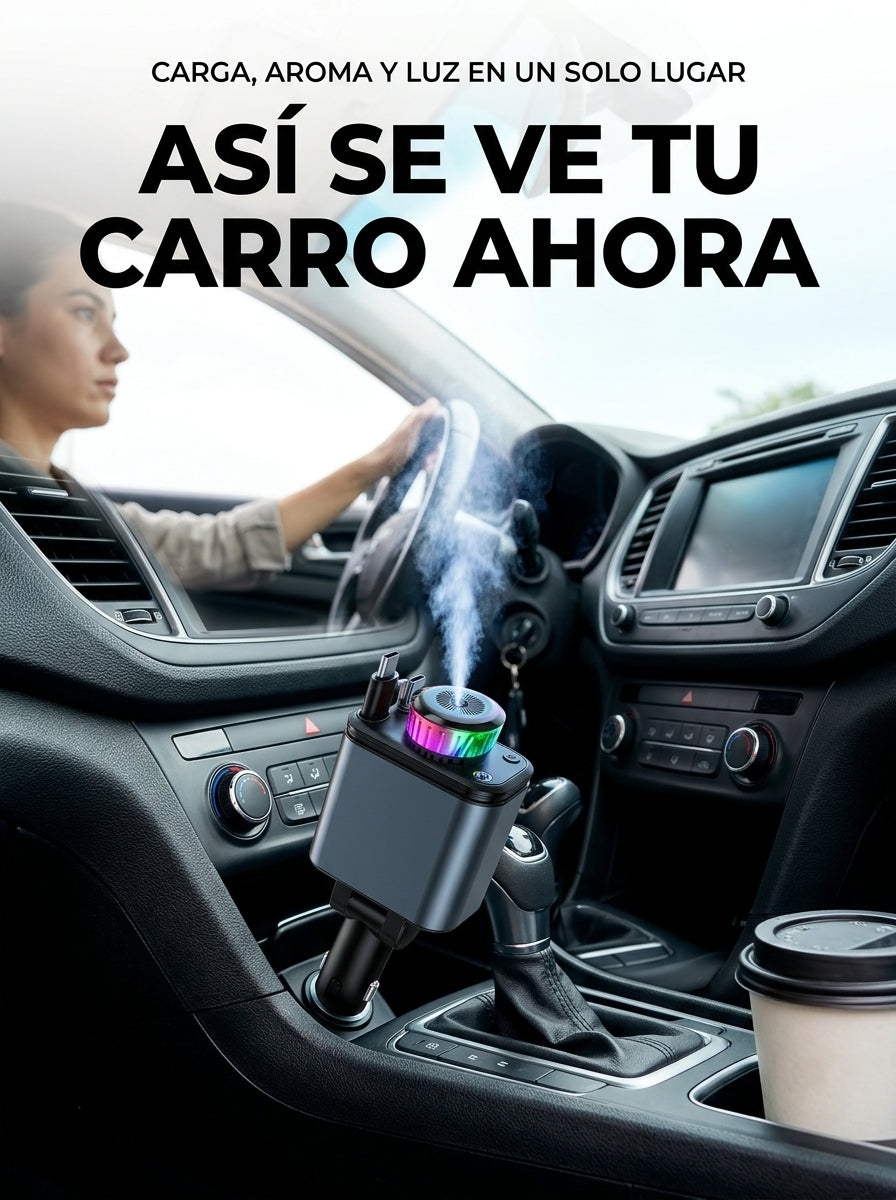 Cargador 5 en 1 instalado en el carro: carga, aromaterapia y luz en un solo lugar