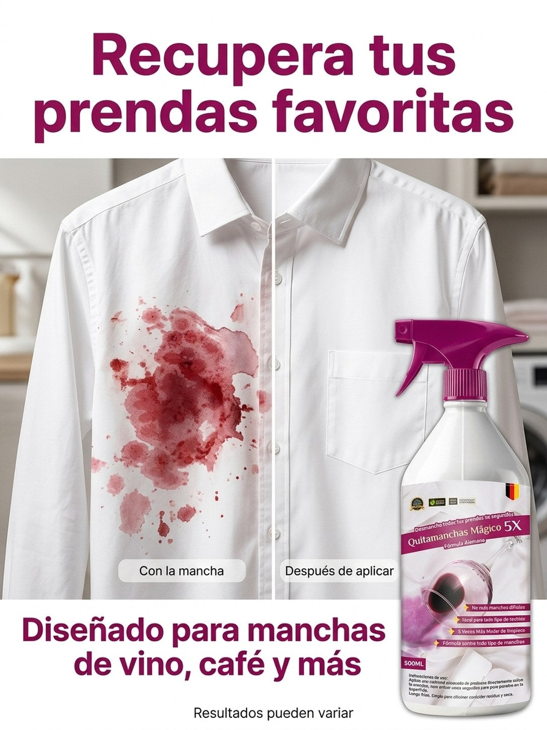 Camisa con mancha de vino y la misma camisa después de aplicar