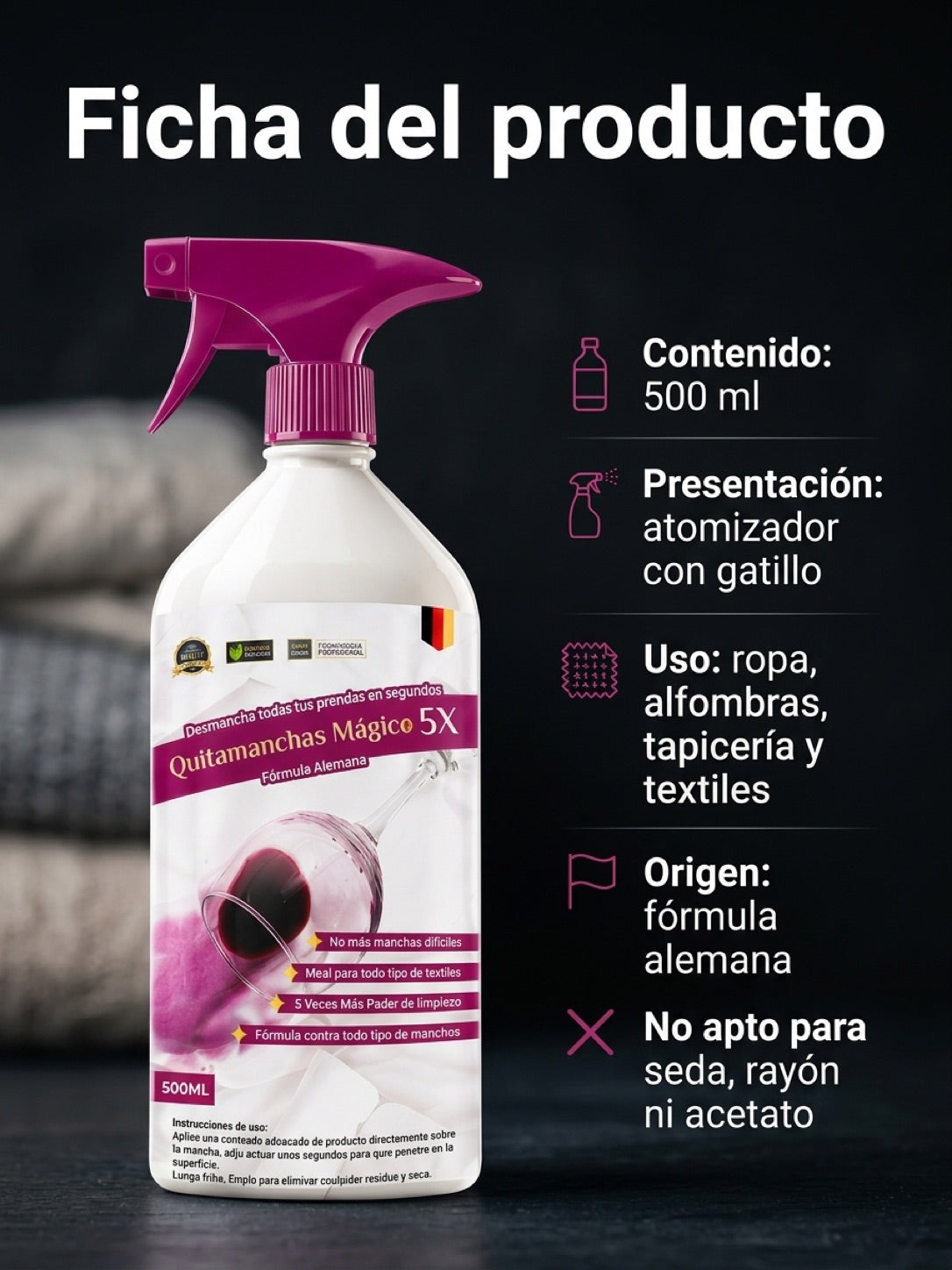 Ficha técnica: 500 ml, atomizador con gatillo, apto para textiles