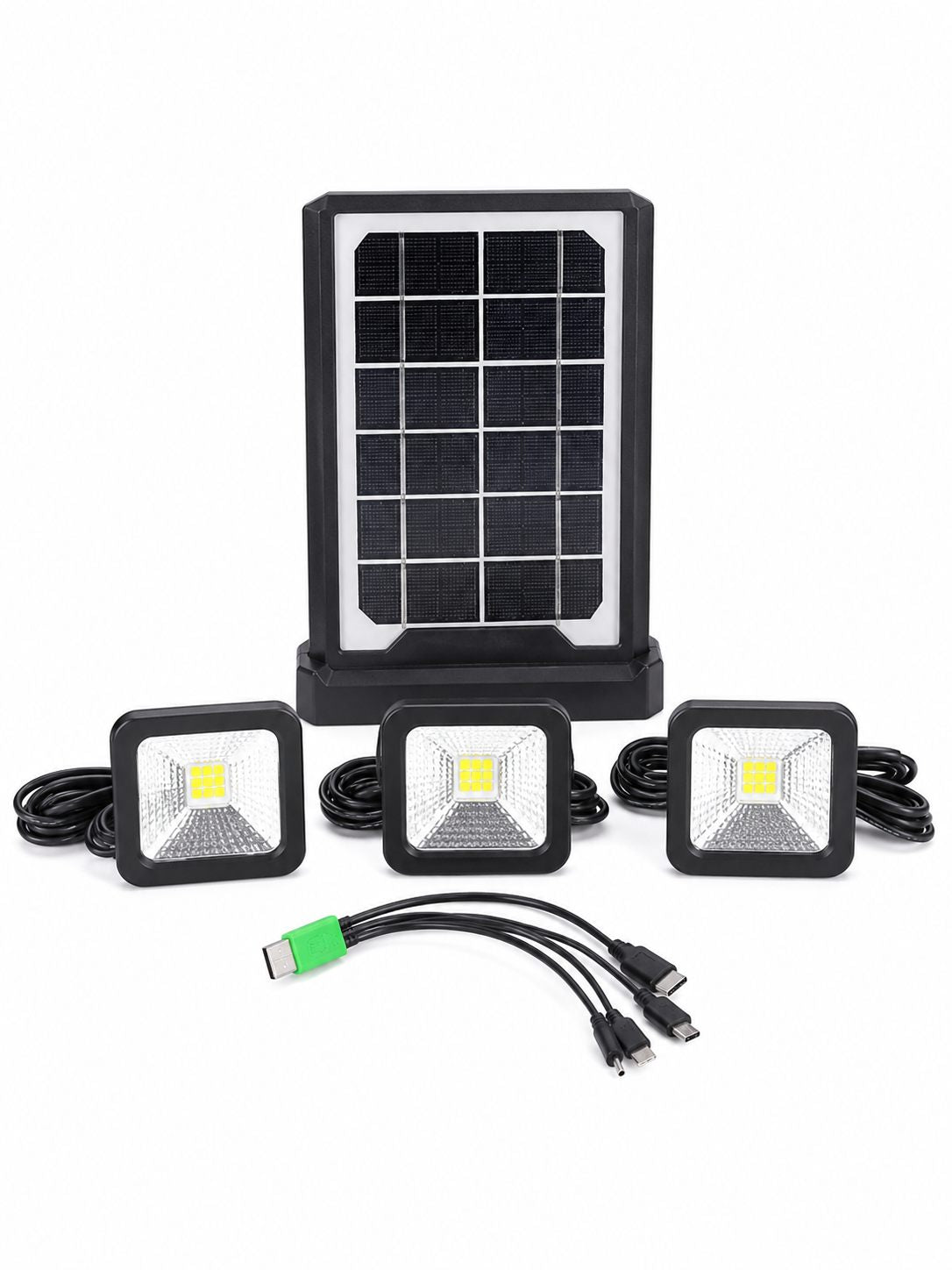 El kit NovaSol completo: panel solar, 3 reflectores LED y multicable