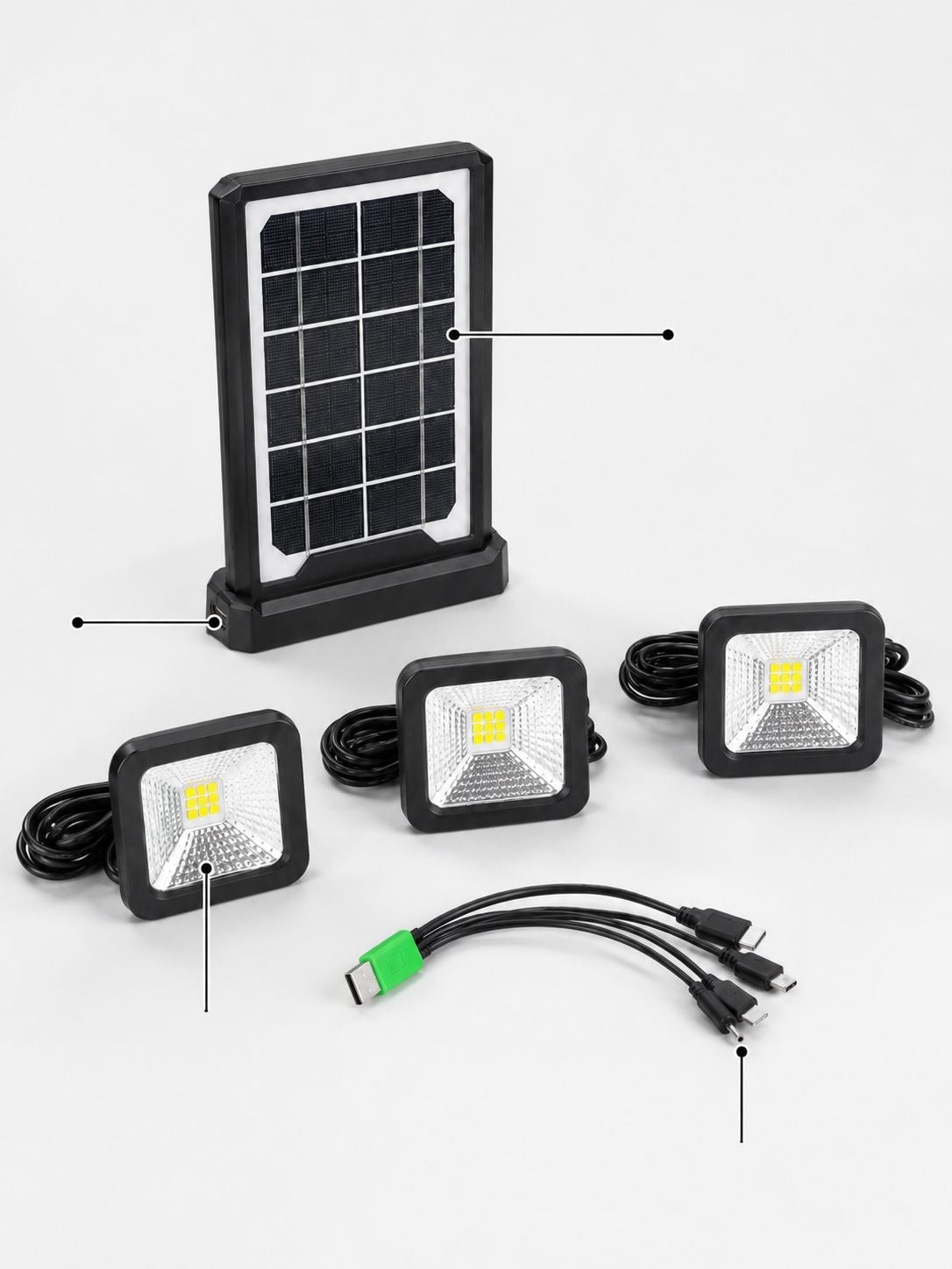 Por dentro: panel con batería, tres reflectores LED y multicable 5 en 1