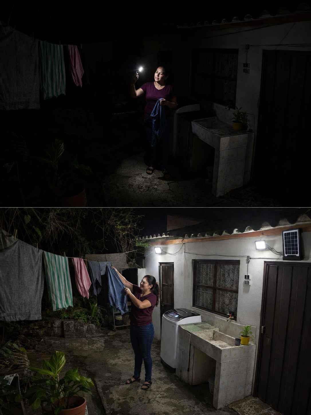 Antes y después — del celular como linterna a un patio bien iluminado