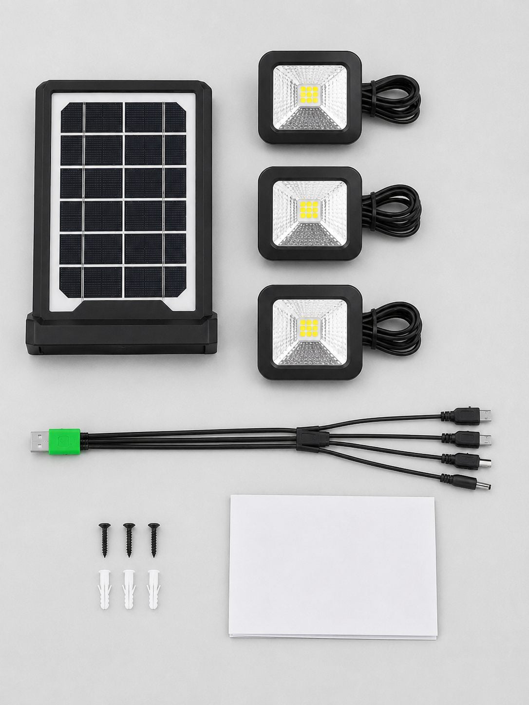 Qué trae la caja: panel, 3 reflectores, cable multiconector, tornillos y manual